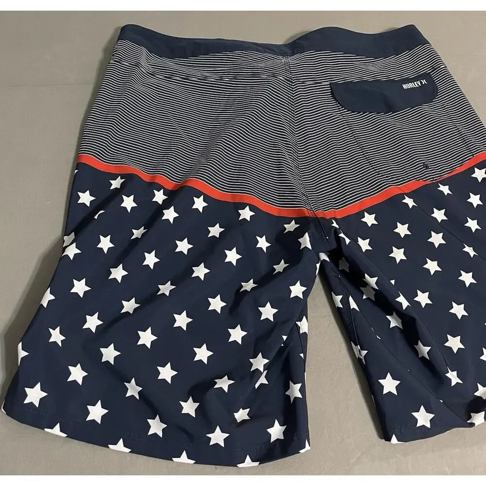 Hurley Board Shorts Mens 36 Navy Stars Stripes Swim Trunks Excellent Cond